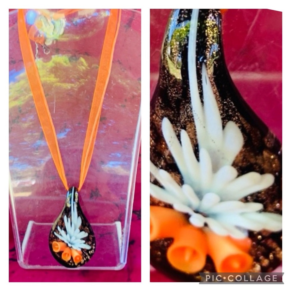 Orange black and White Floral Boho art Glass Pendant Statement Necklace